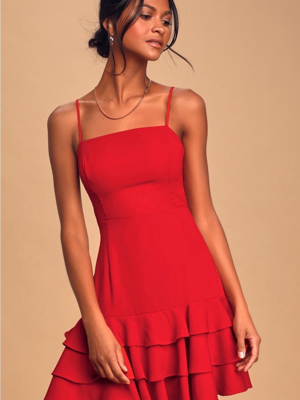 Lulu's Red Ruffle Tiered Spaghetti-Strap Mini Dress - Picture 2 of 5